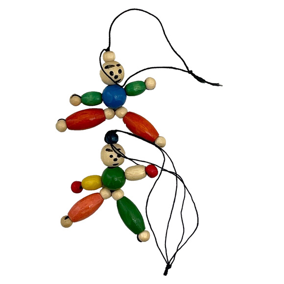 Lot of 2 Wooden Strung Beaded Doll Ornaments Bag Charms Multicolor Hanging - Picture 1 of 3